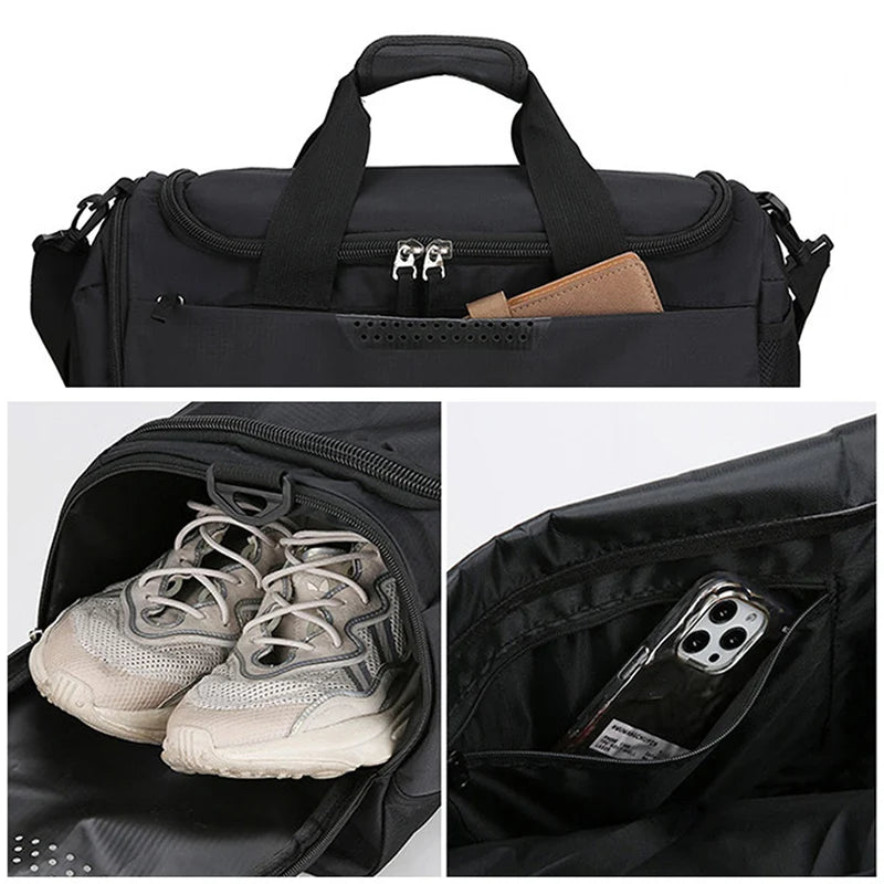 Black duffel bag with compartments for shoes and phone, on a white background