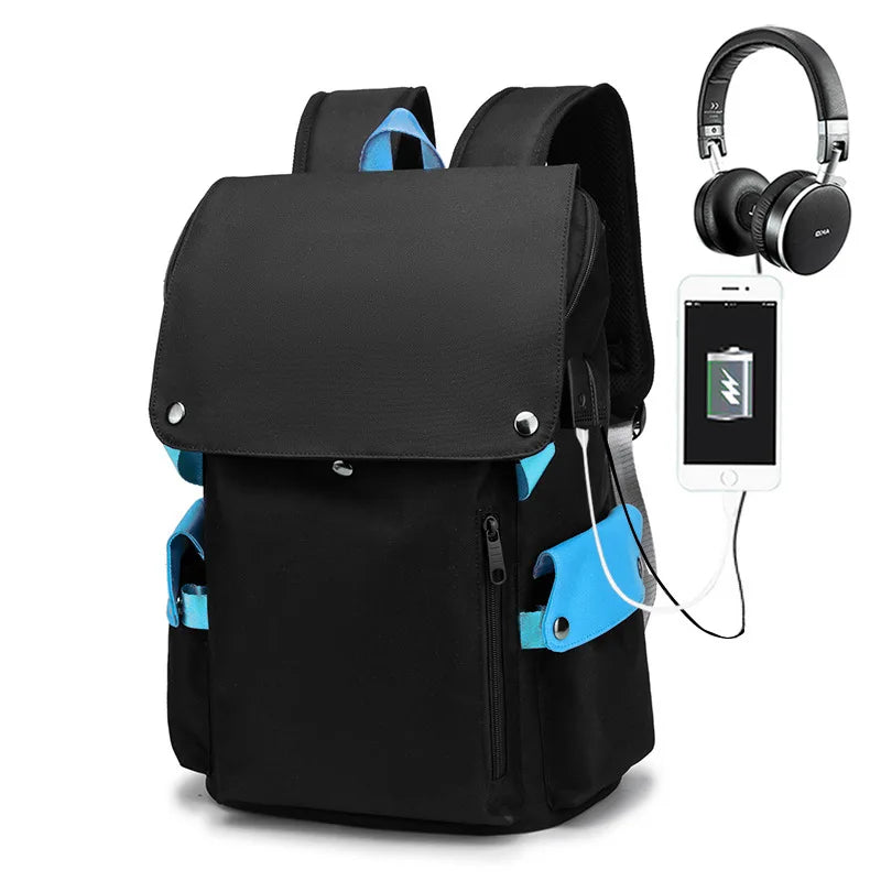Black backpack with blue accents and USB charging port, accompanied by headphones and a smartphone.