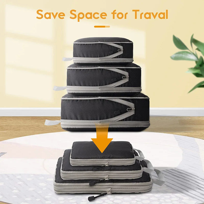 Set of black and gray packing cubes stacked on a white surface with text 'Save Space for Travel'.