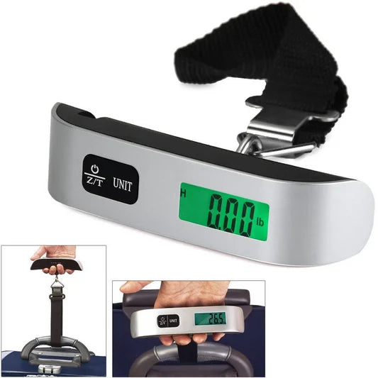 Digital luggage scale with a black strap on a white background