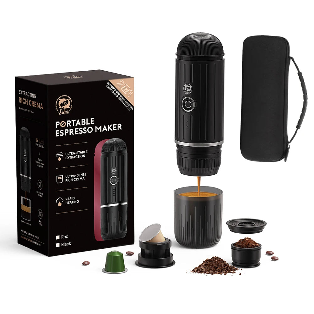 Portable espresso maker with accessories and packaging on a white background