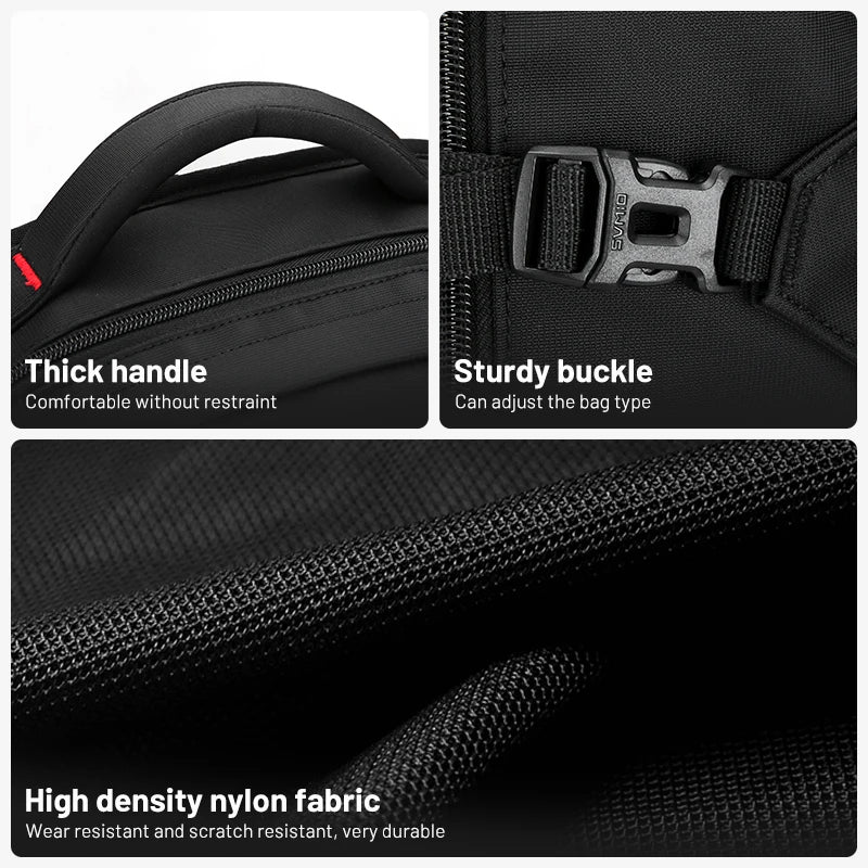 Black bag with thick handle, sturdy buckle, and high-density nylon fabric features.