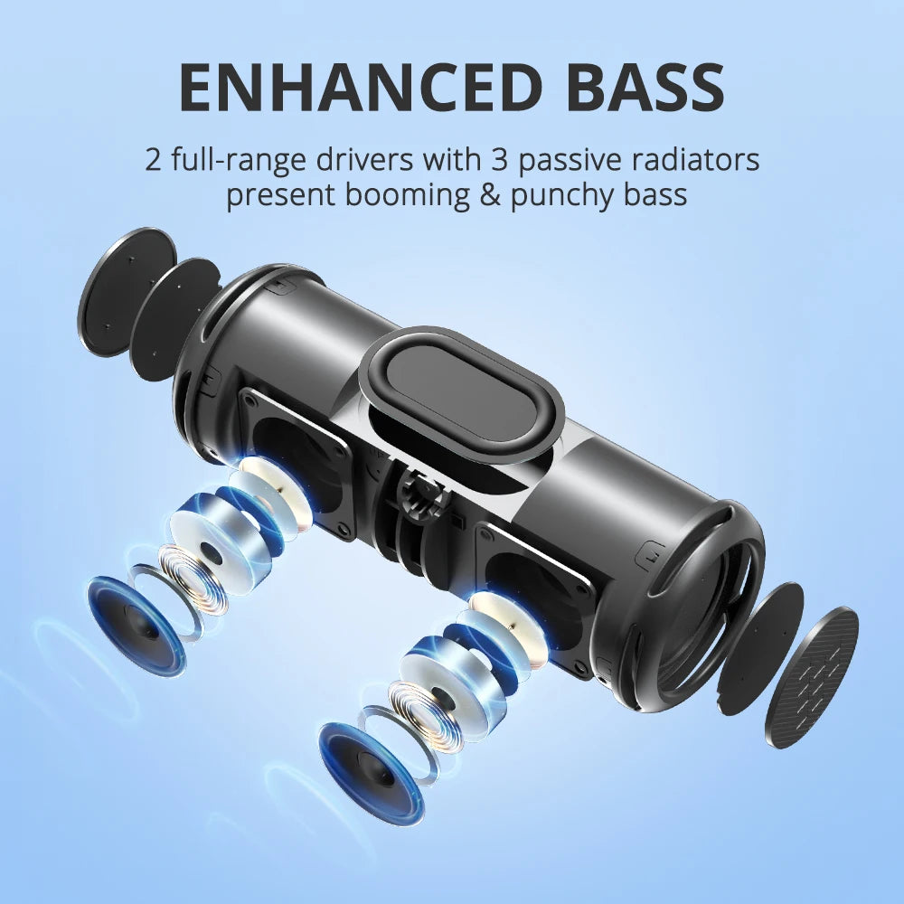 Speaker driver unit with text about enhanced bass on a light blue background