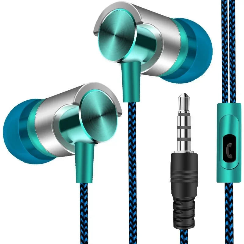Teal and silver earphones with a 3.5mm jack on a white background