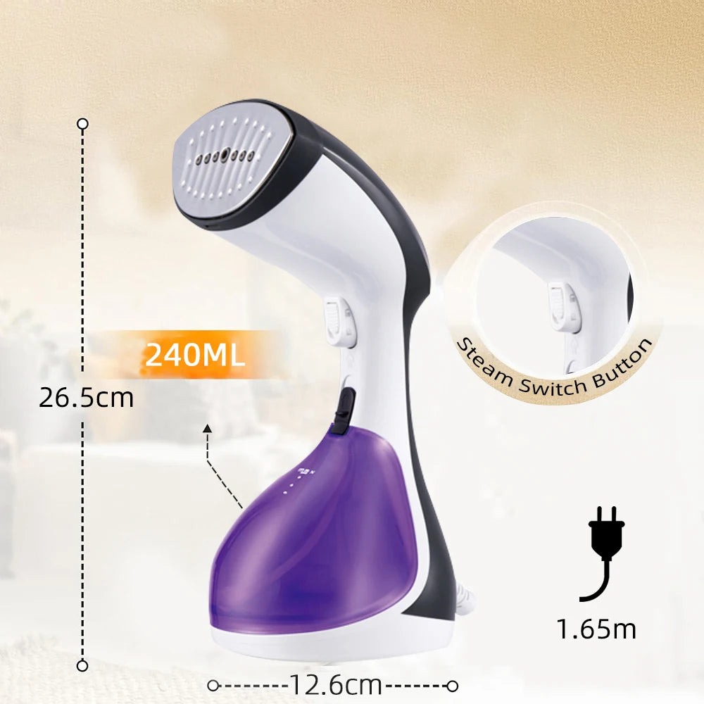 Handheld steamer with measurements and features on a beige background