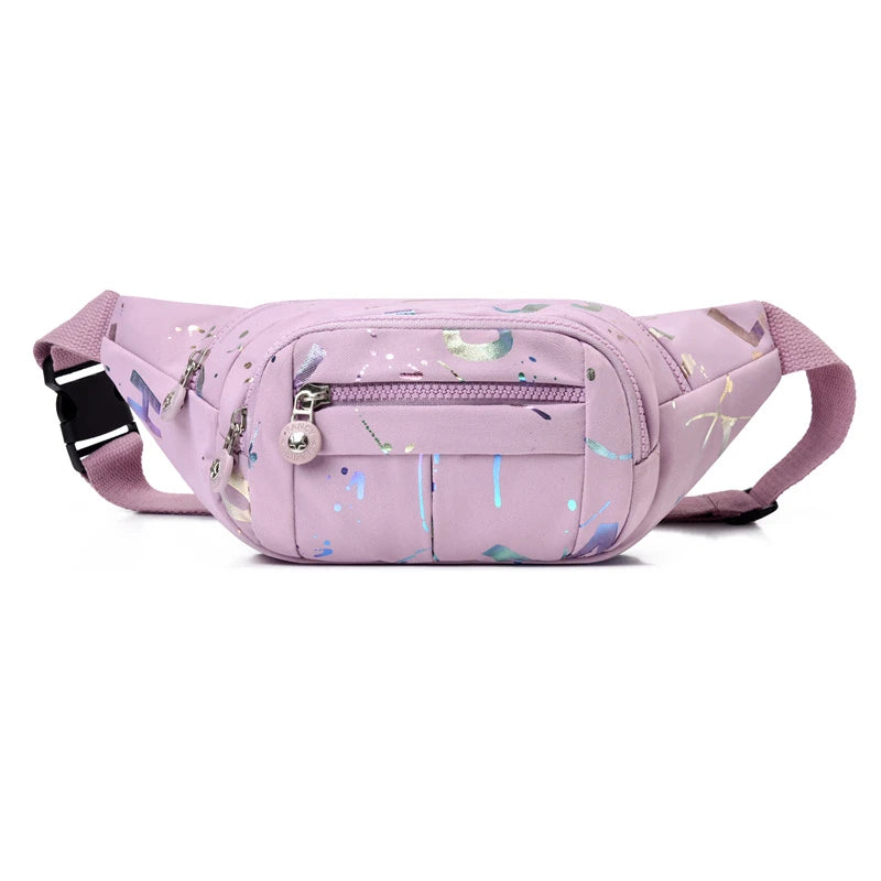 Pink waist bag with colorful patterns on a white background