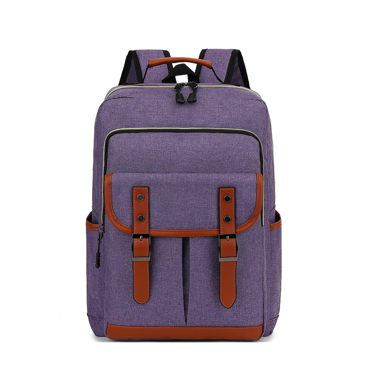 Purple backpack with brown straps and accents on a white background