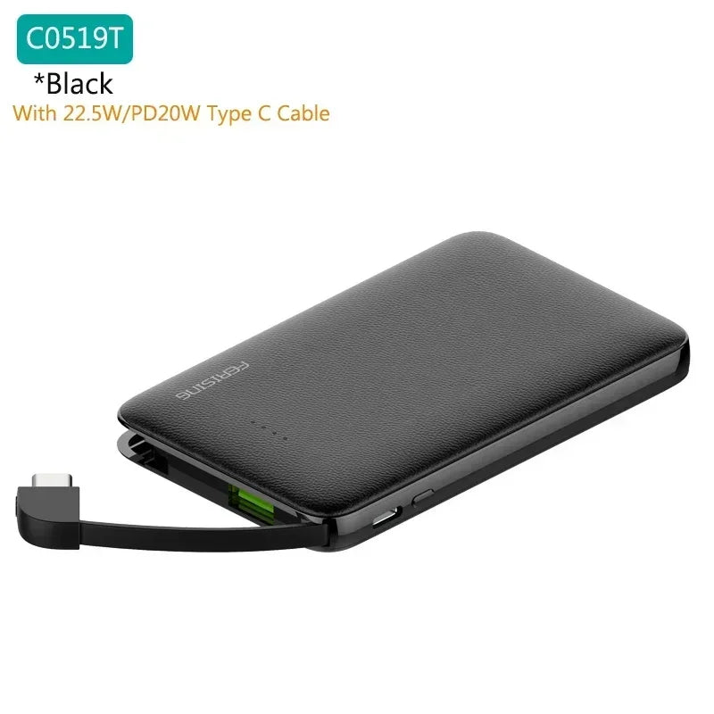 Black power bank with USB-C cable on a white background