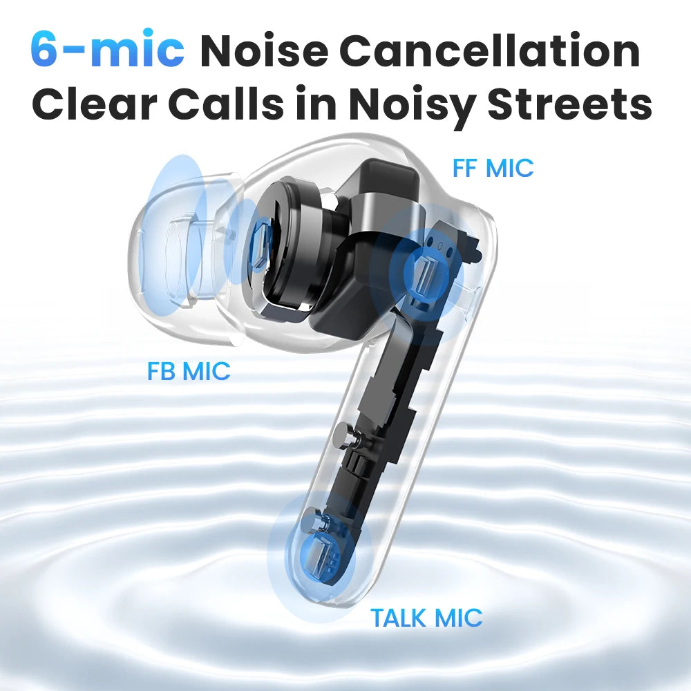 Earbud with 6-mic noise cancellation technology on a white background