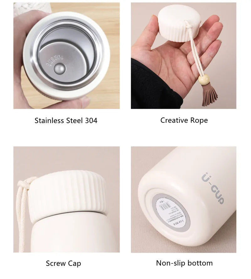 Product features including stainless steel 304, creative rope, screw cap, and non-slip bottom on a beige background.