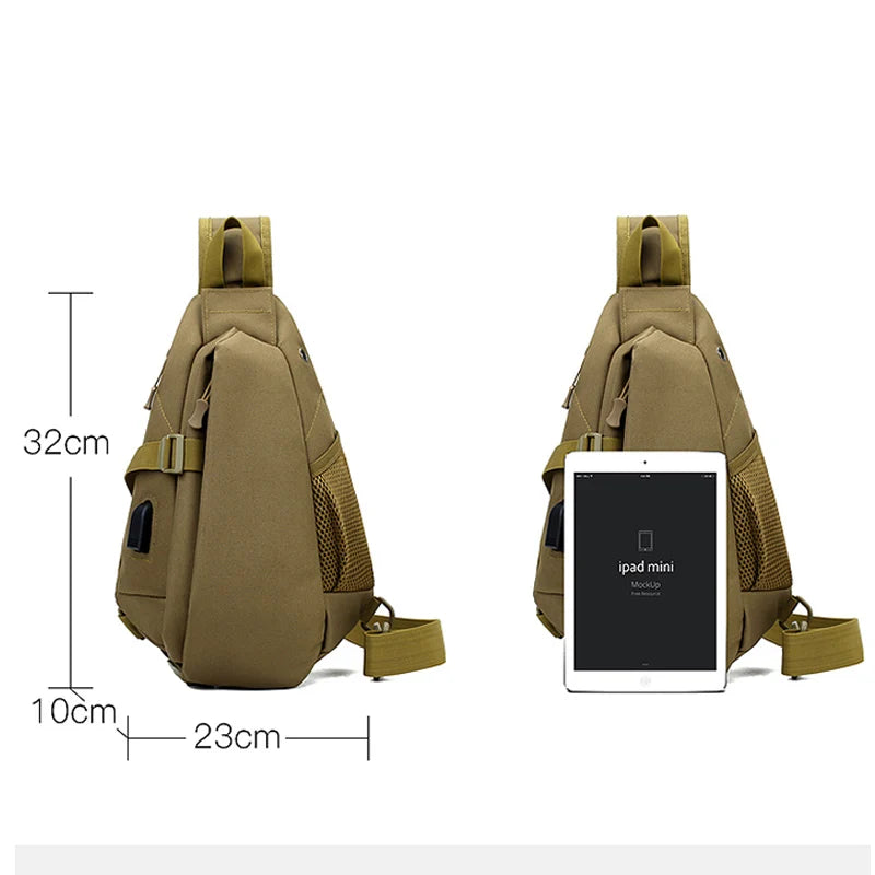 Kaki sling bag with dimensions and an iPad Mini inside on a white background