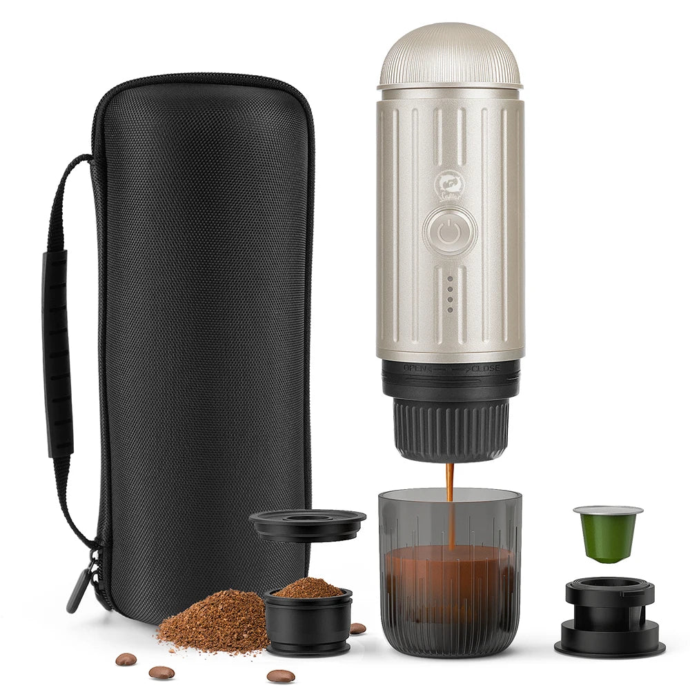Portable coffee maker with accessories on a white background
