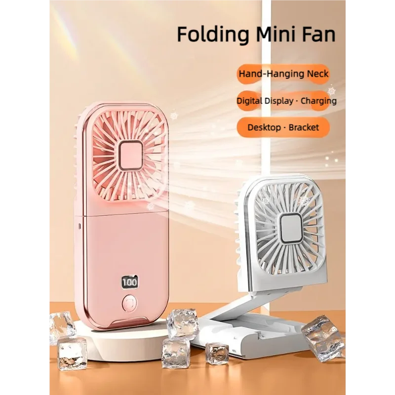 Folding mini fans in pink and white on a beige background with text highlighting features.