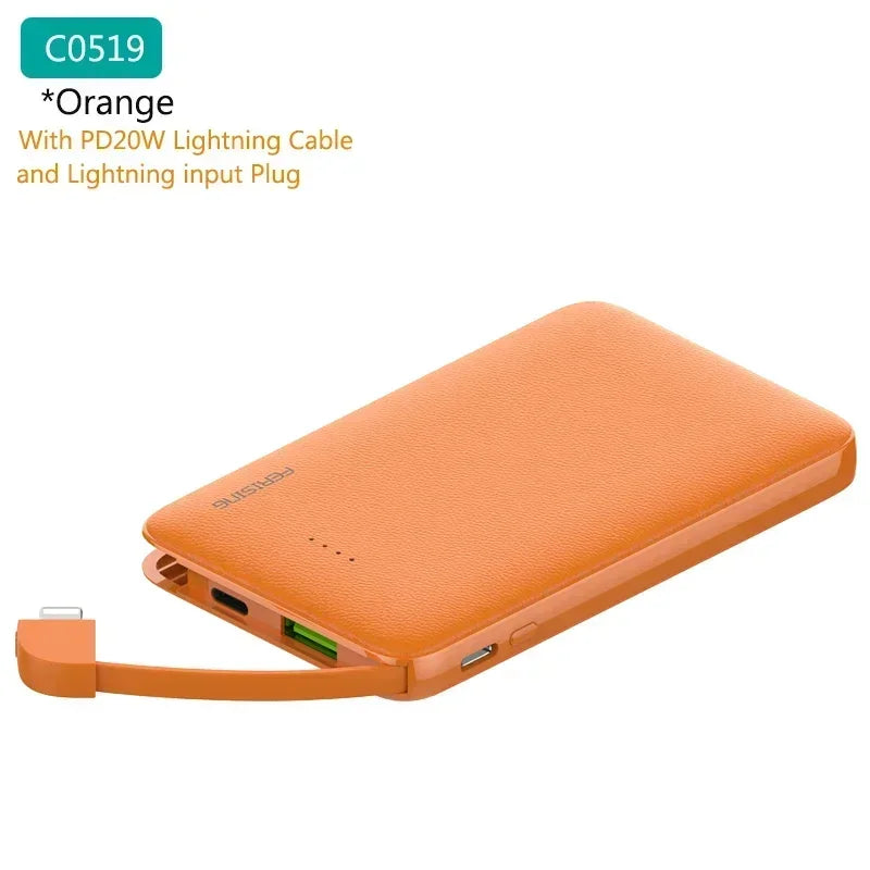 Orange power bank with Lightning cable on a white background