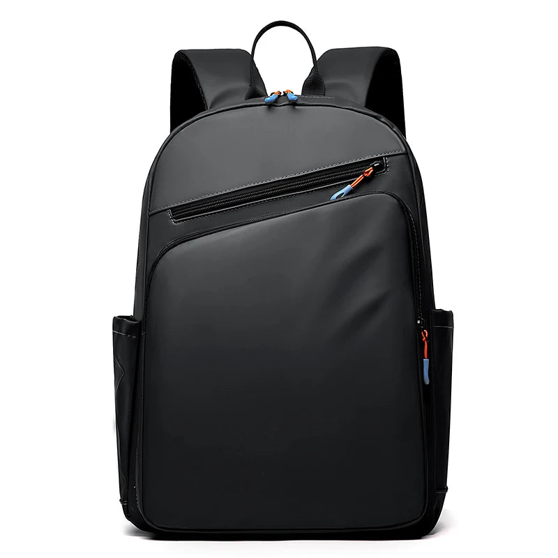 Black backpack with multiple pockets on a white background
