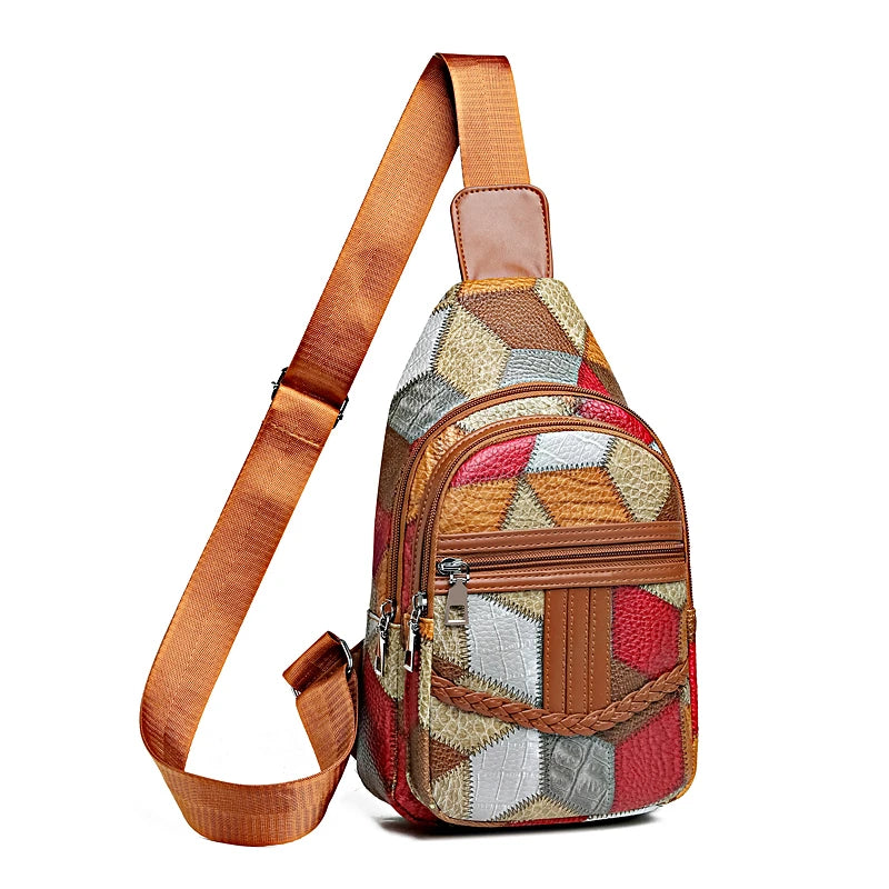 Multicolored patchwork sling bag with brown strap on a white background