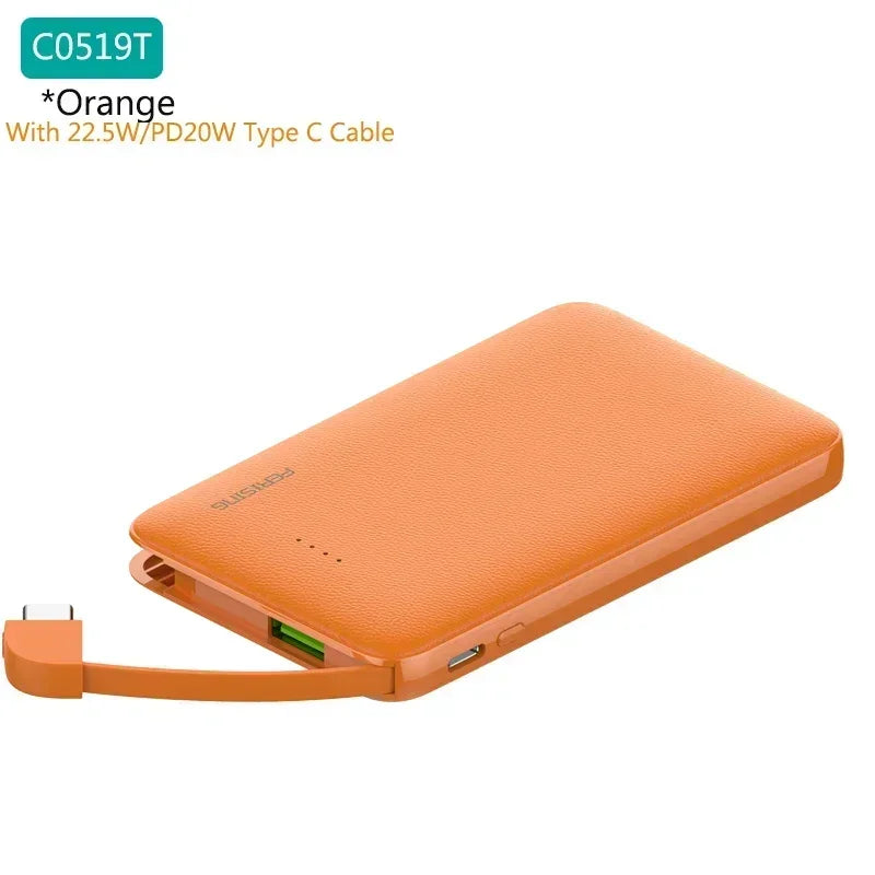 Orange power bank with cable on a white background