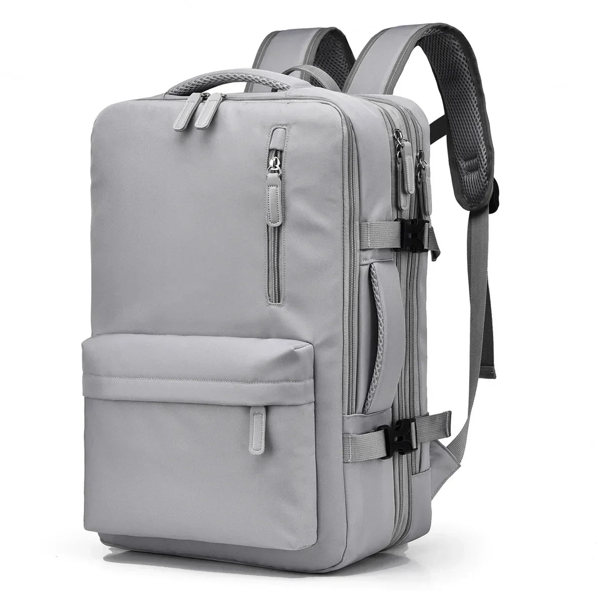 Gray backpack with multiple compartments on a white background