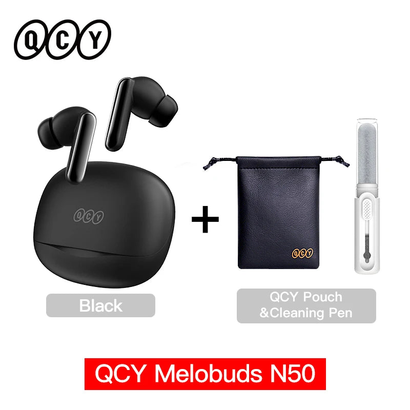 QCY Melobuds N50 wireless earbuds with charging case, pouch, and cleaning pen on a white background