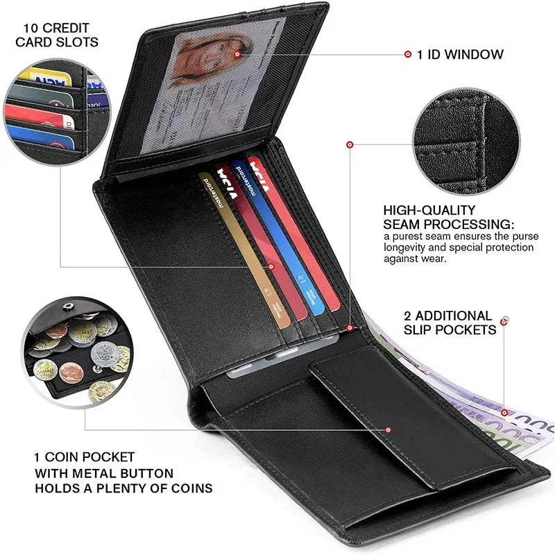 Black wallet with various compartments and features highlighted on a white background
