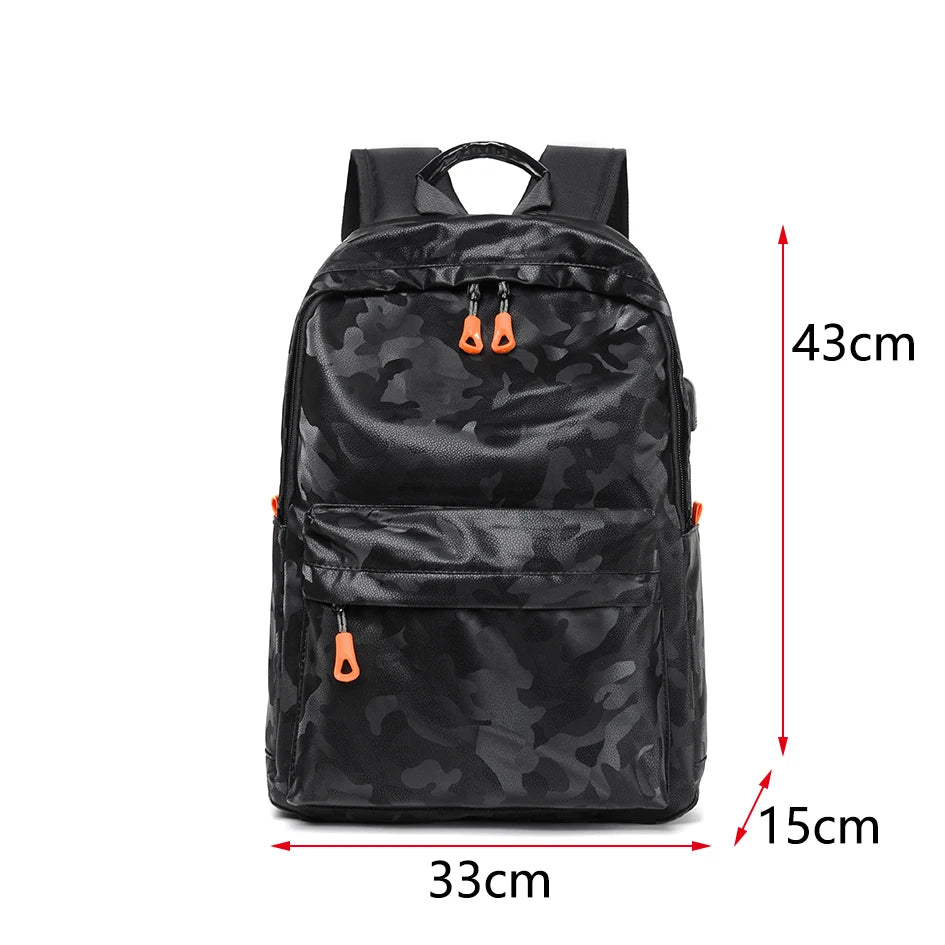 Black camouflage backpack with measurements on a white background