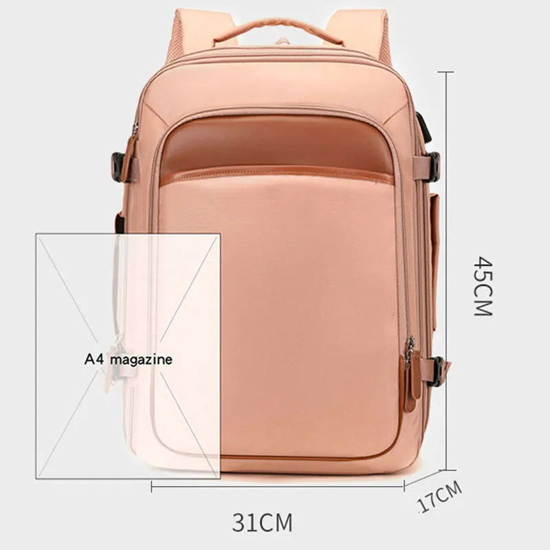 Pink backpack with dimensions and A4 magazine size indicator on a white background
