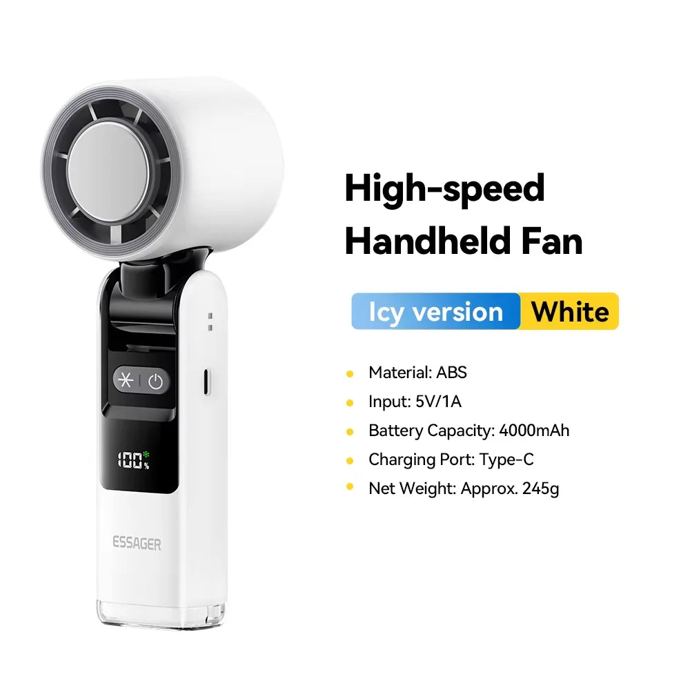 White handheld fan with specifications on a white background