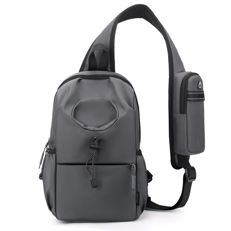 Gray sling bag with a strap on a white background