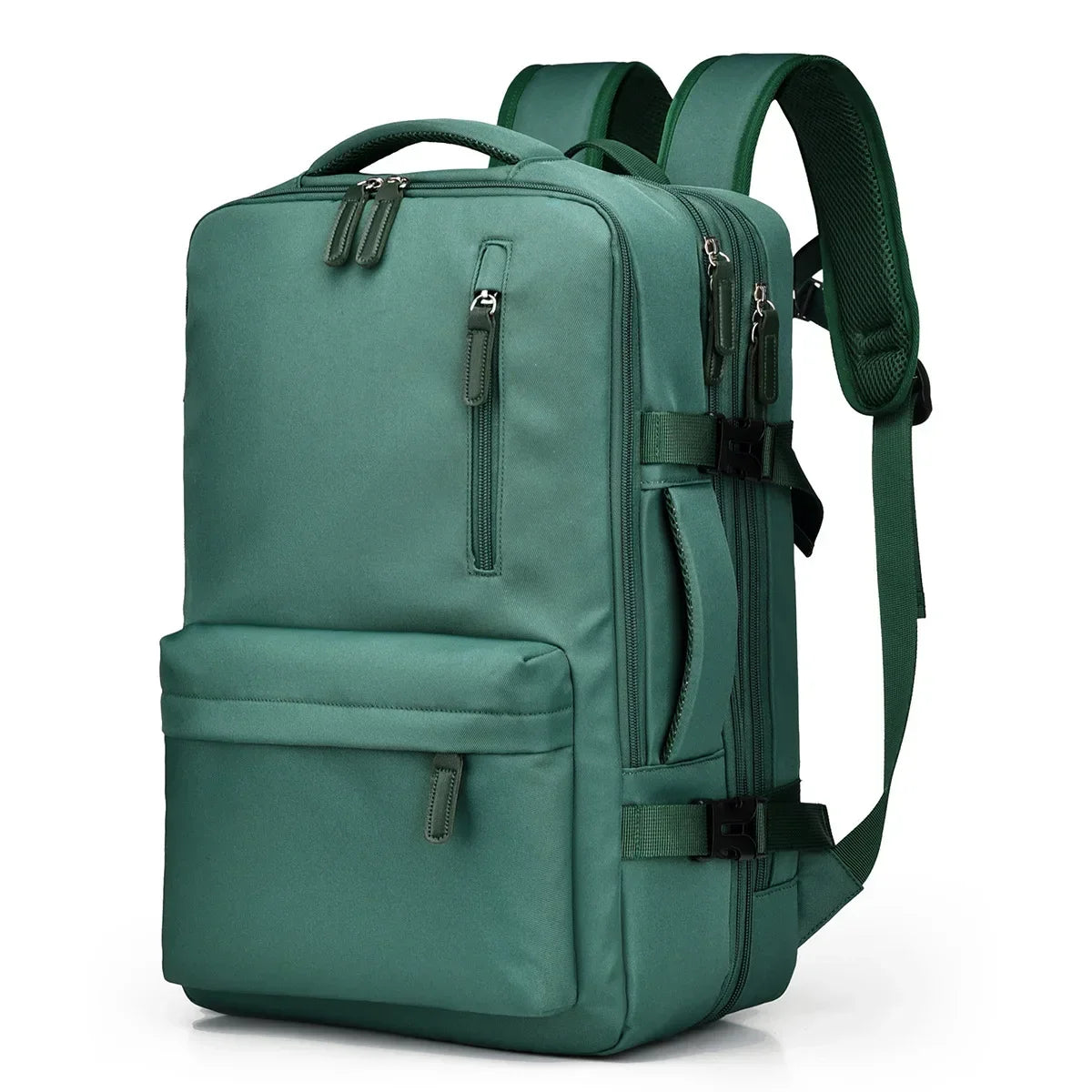 Green backpack on a white background