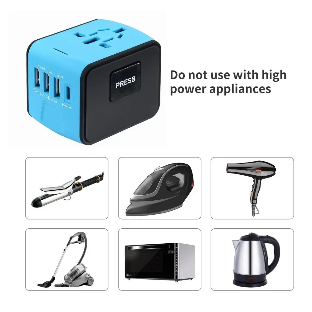 Blue and black travel adapter with icons of high-power appliances and warning text on a white background