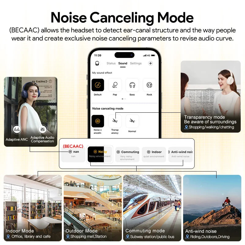 Headset noise canceling mode feature with smartphone app interface and usage scenarios.