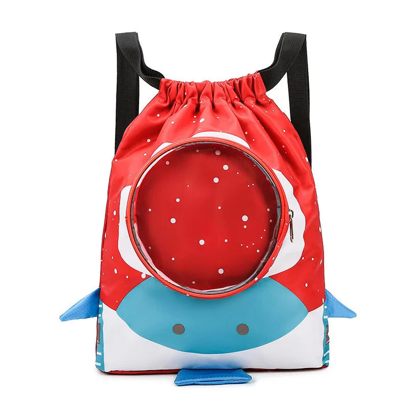 Red drawstring bag with a blue whale design on a white background