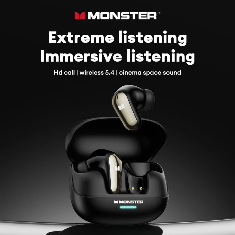 Black wireless earbuds with charging case on a dark background, featuring Monster branding.