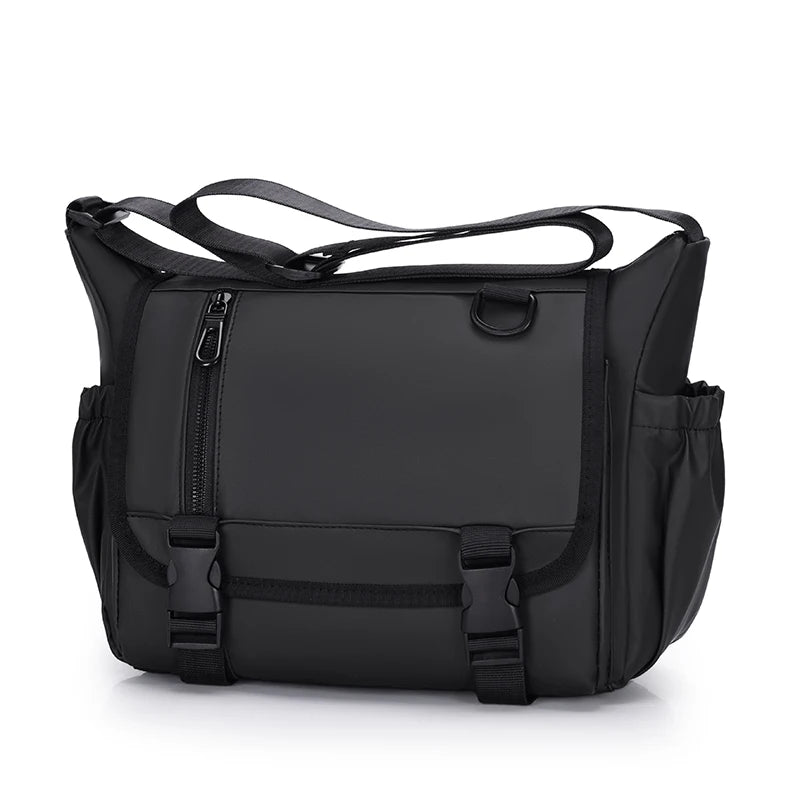 Black shoulder bag with multiple pockets on a white background