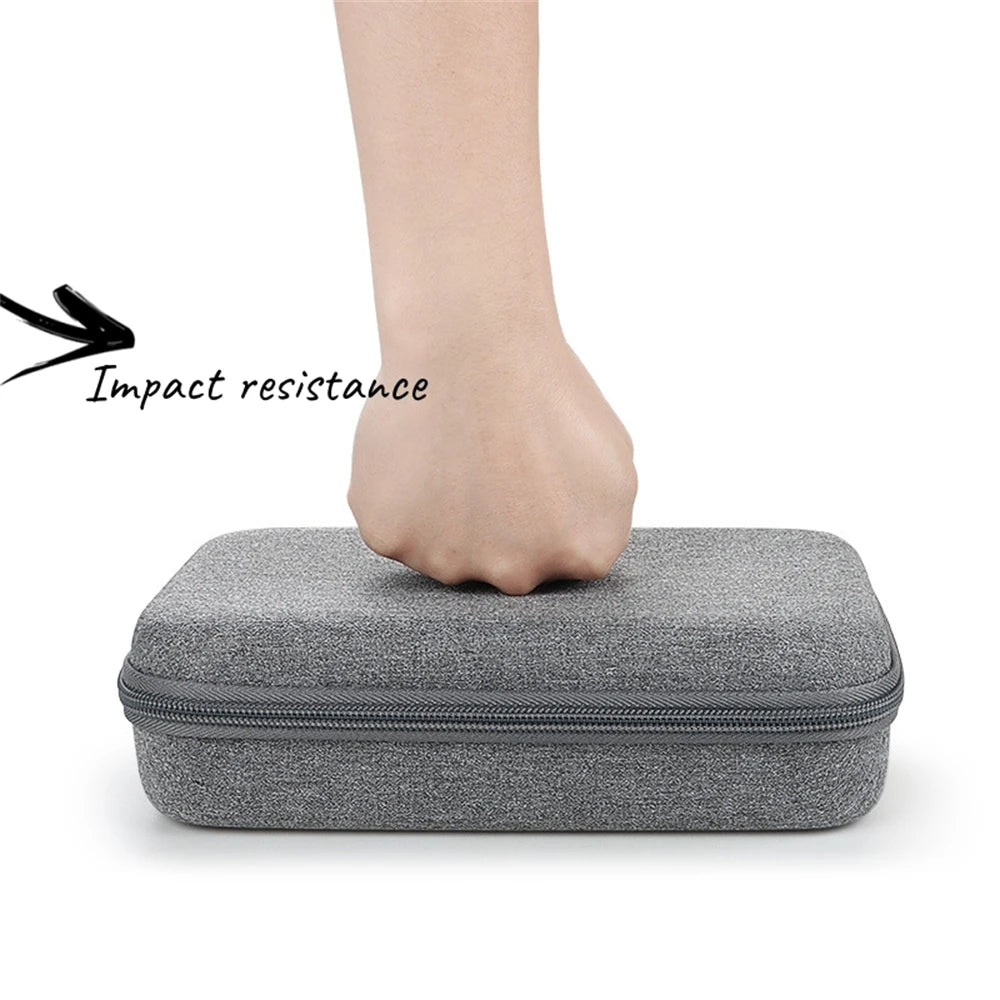 Hand pressing on a gray protective case with 'Impact resistance' text.