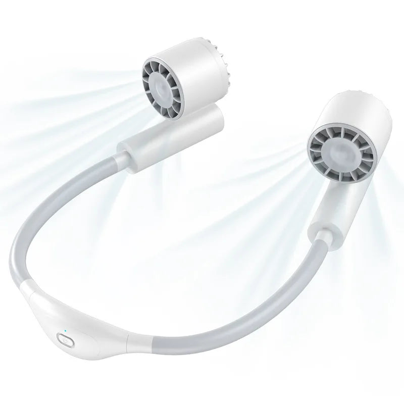 White neck fan with dual fans on a white background