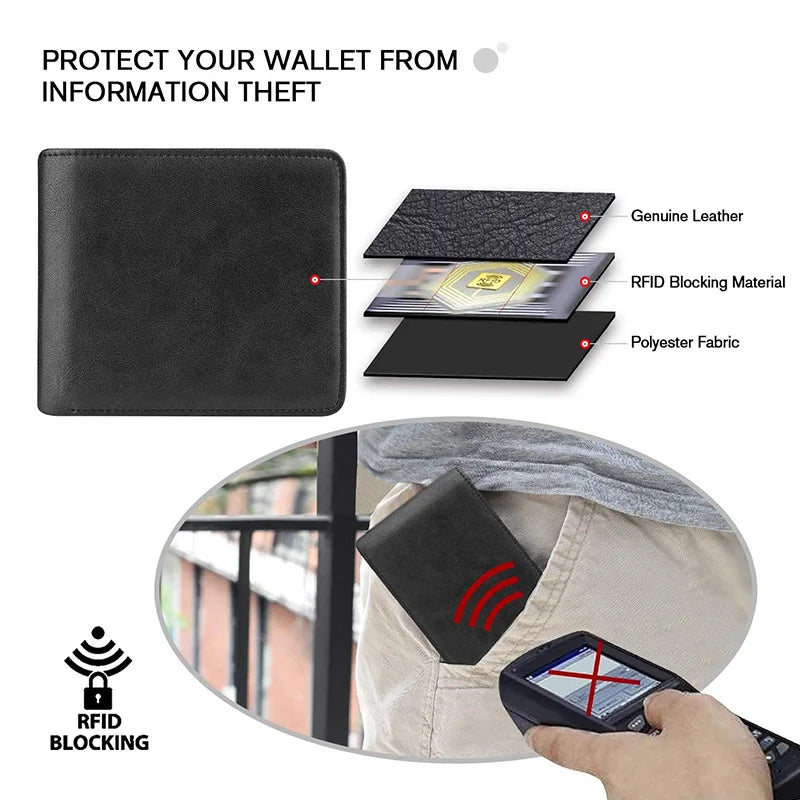 Black wallet with RFID blocking feature, showing layers and a hand using a scanner.