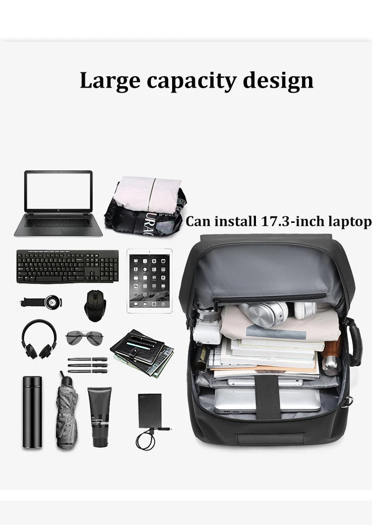 Backpack with various items demonstrating its large capacity on a white background