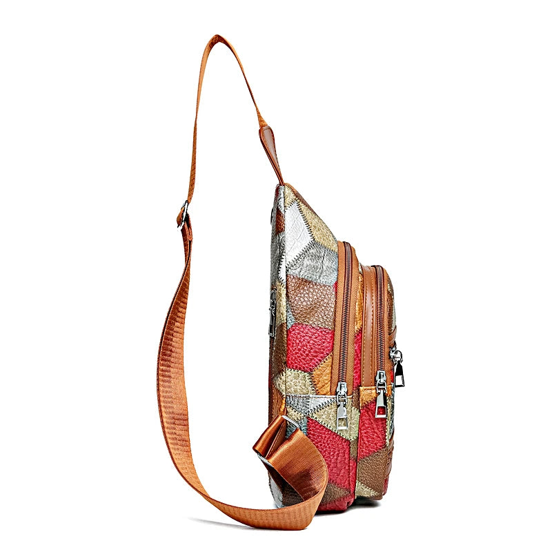 Multicolored patchwork bag with brown strap on a white background