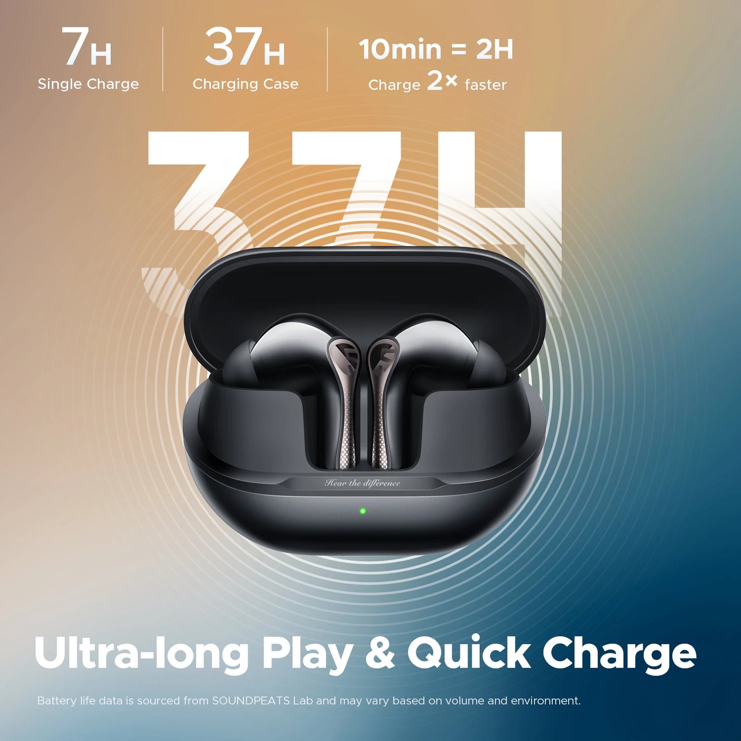 Wireless earbuds in charging case with battery life indicators on a gradient background