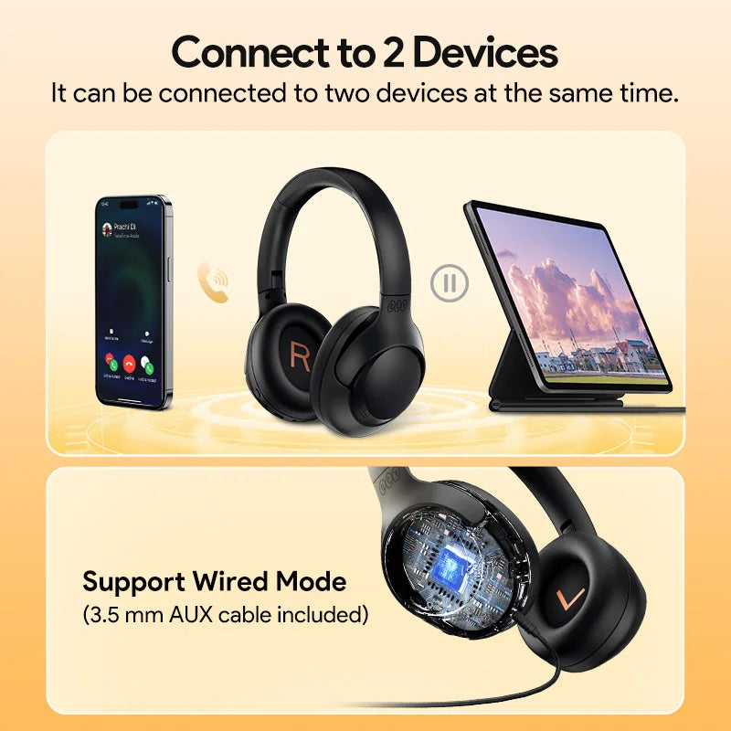 Headphones with text indicating they can connect to two devices simultaneously and support wired mode.