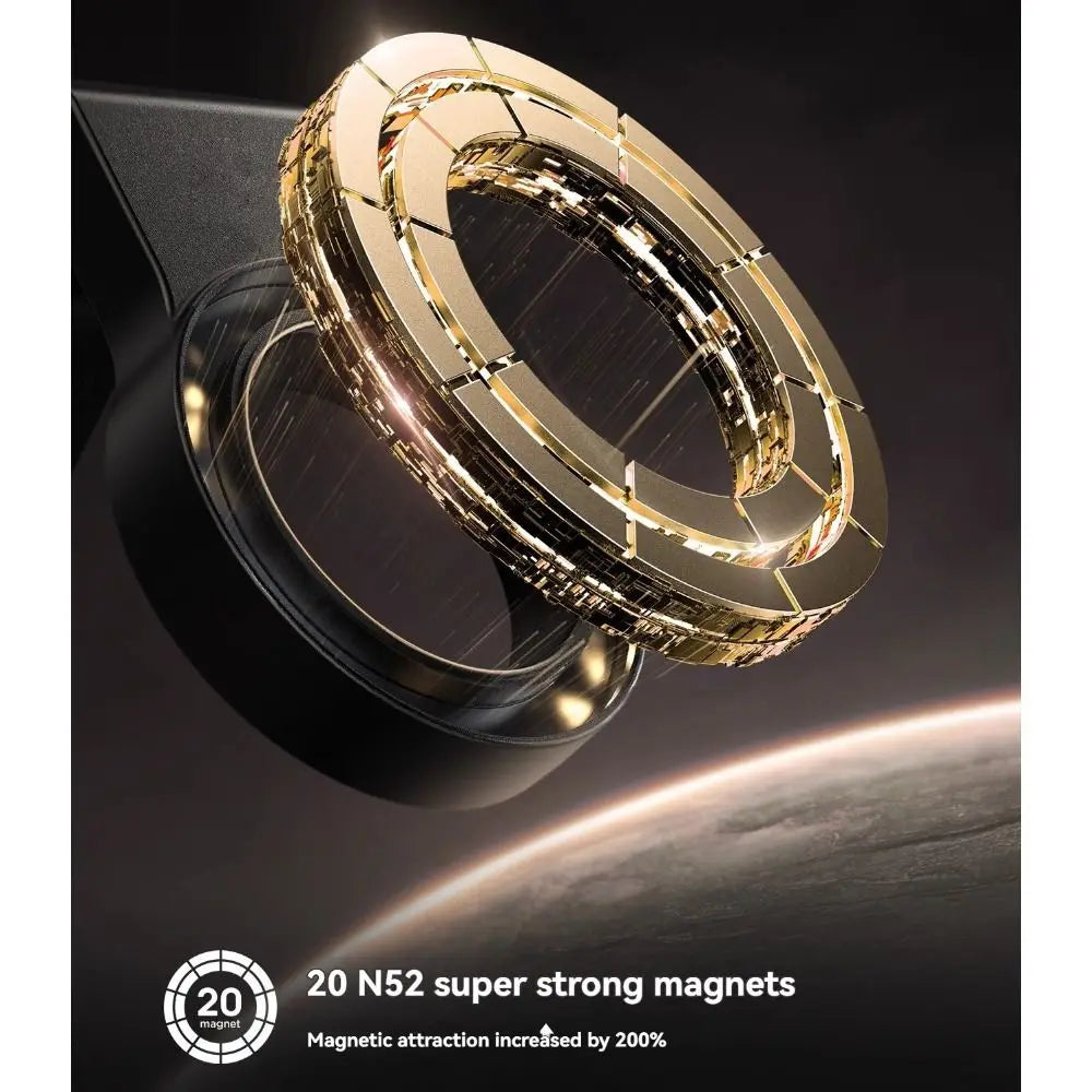 Gold magnetic car holder with text about magnets on a dark background