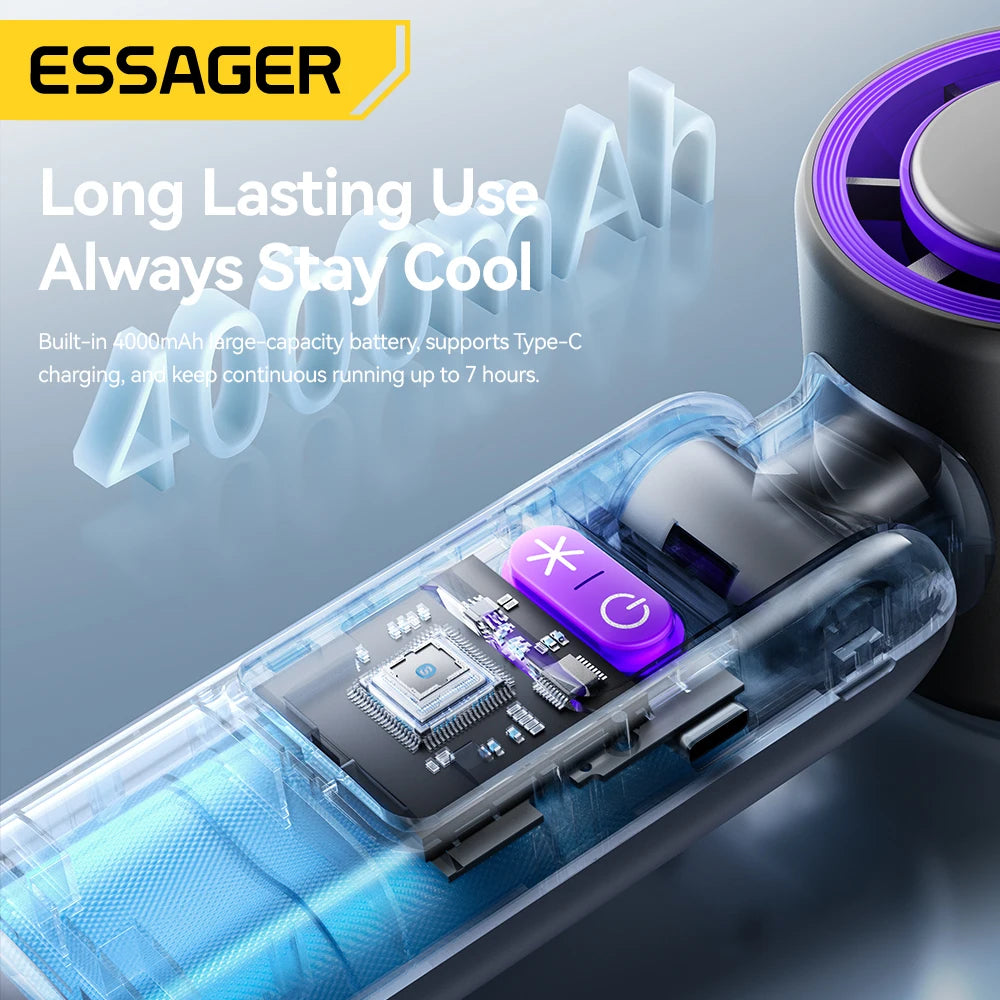 Essager product with electronic components and text about long-lasting use and cooling system.