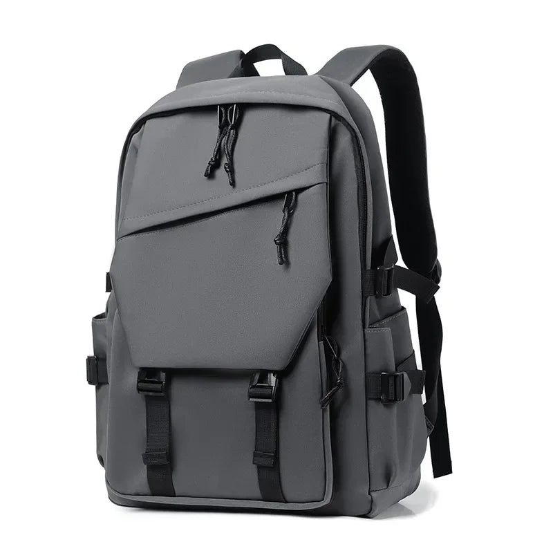 Gray backpack with black straps on a white background