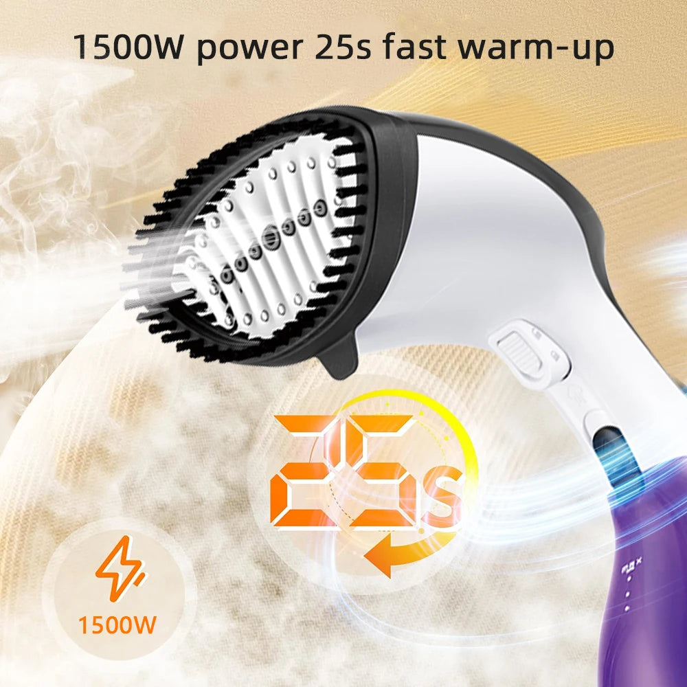 Handheld cleaning tool with text indicating power and warm-up time, on a textured surface.