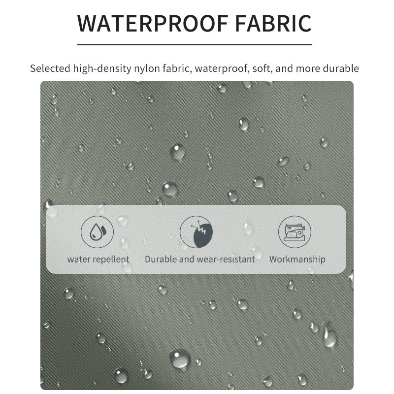 Waterproof fabric with water droplets and text highlighting properties on a gray background