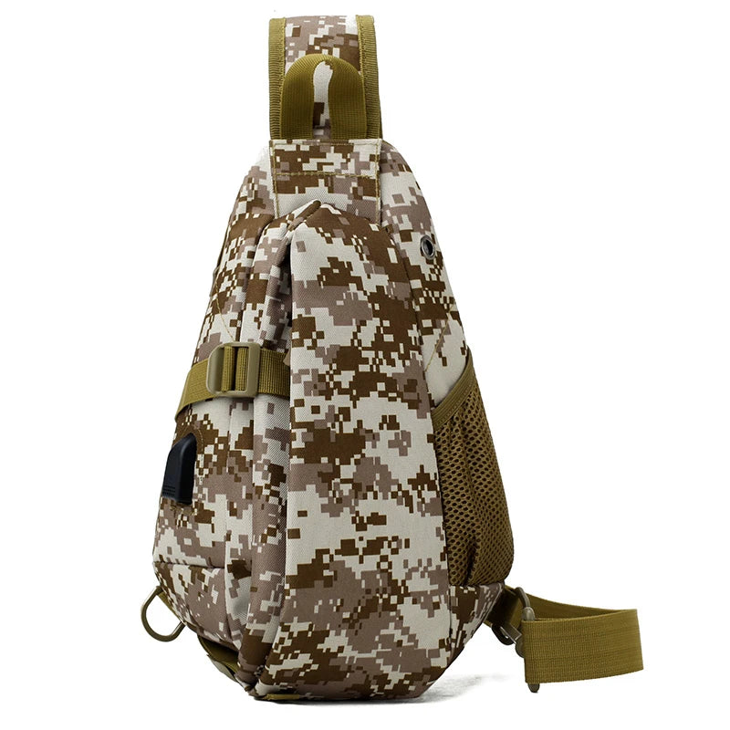 Camouflage sling bag with green straps on a white background