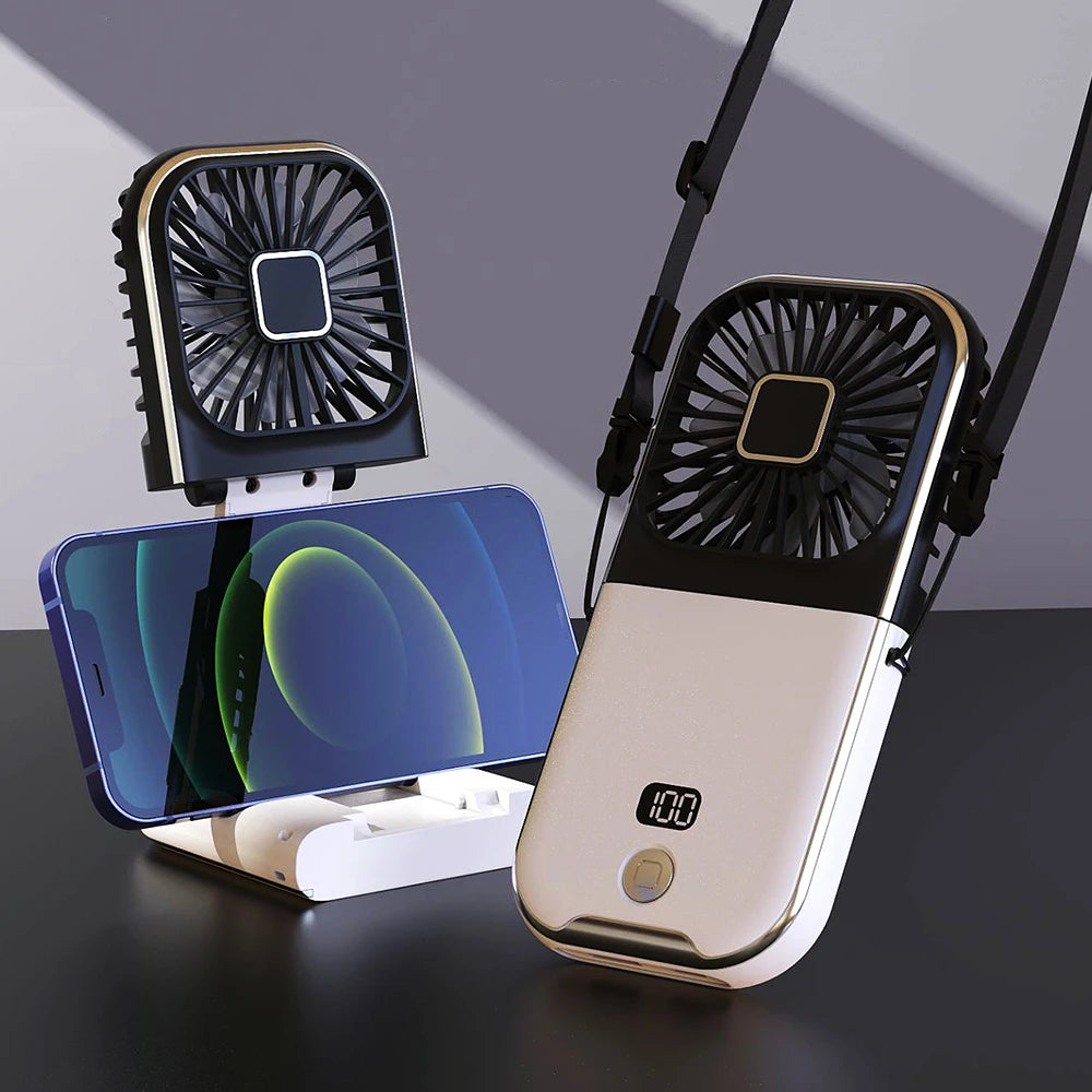 Portable fan with smartphone stand on a dark surface