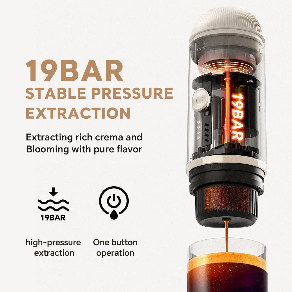 Coffee extraction device with '19BAR' branding, showing coffee being extracted into a glass.