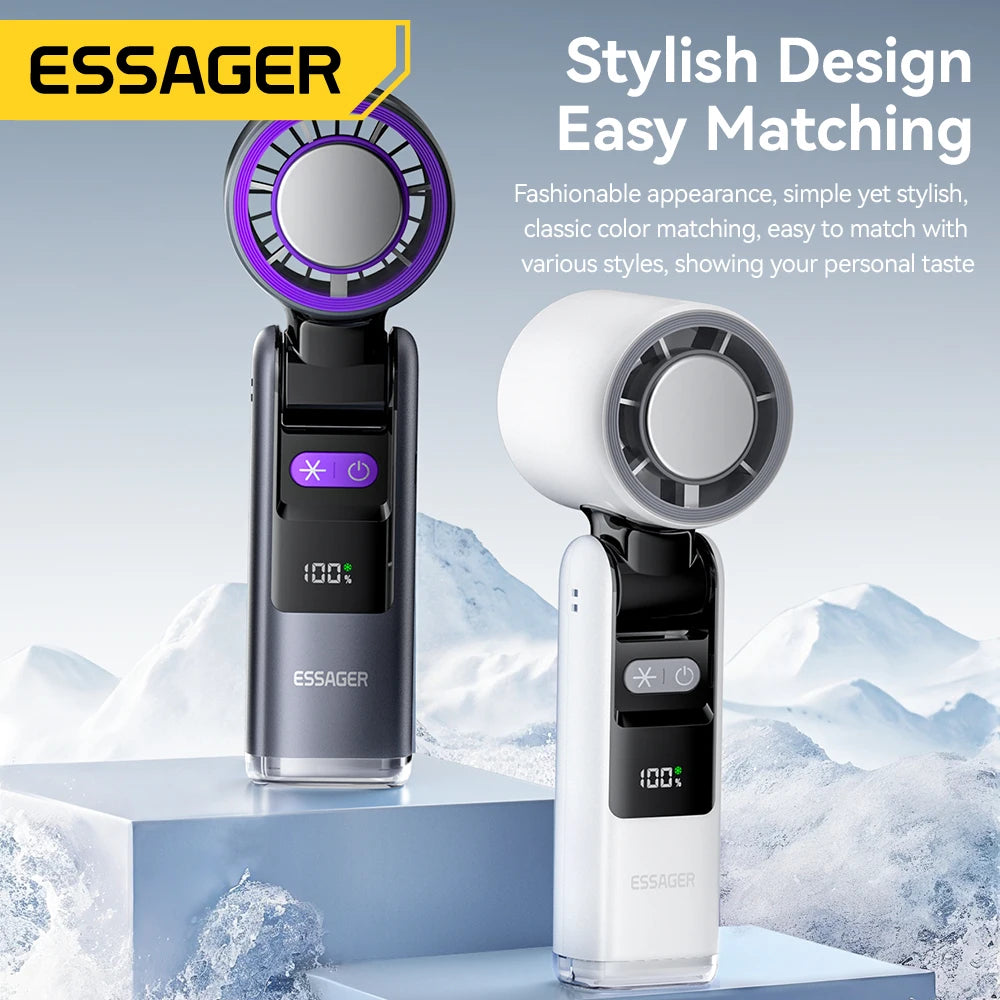 Two handheld fans with digital displays on a mountainous background, featuring the brand 'ESSAGER'.